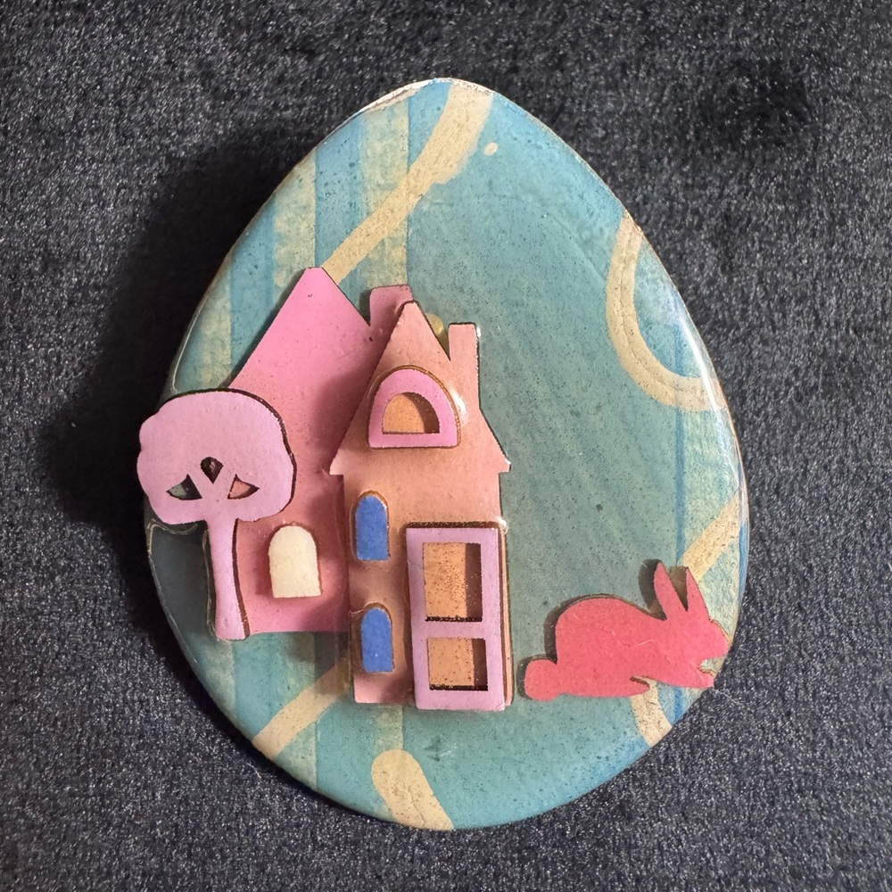 Whimsical Pink and Blue House Brooch by Lucinda